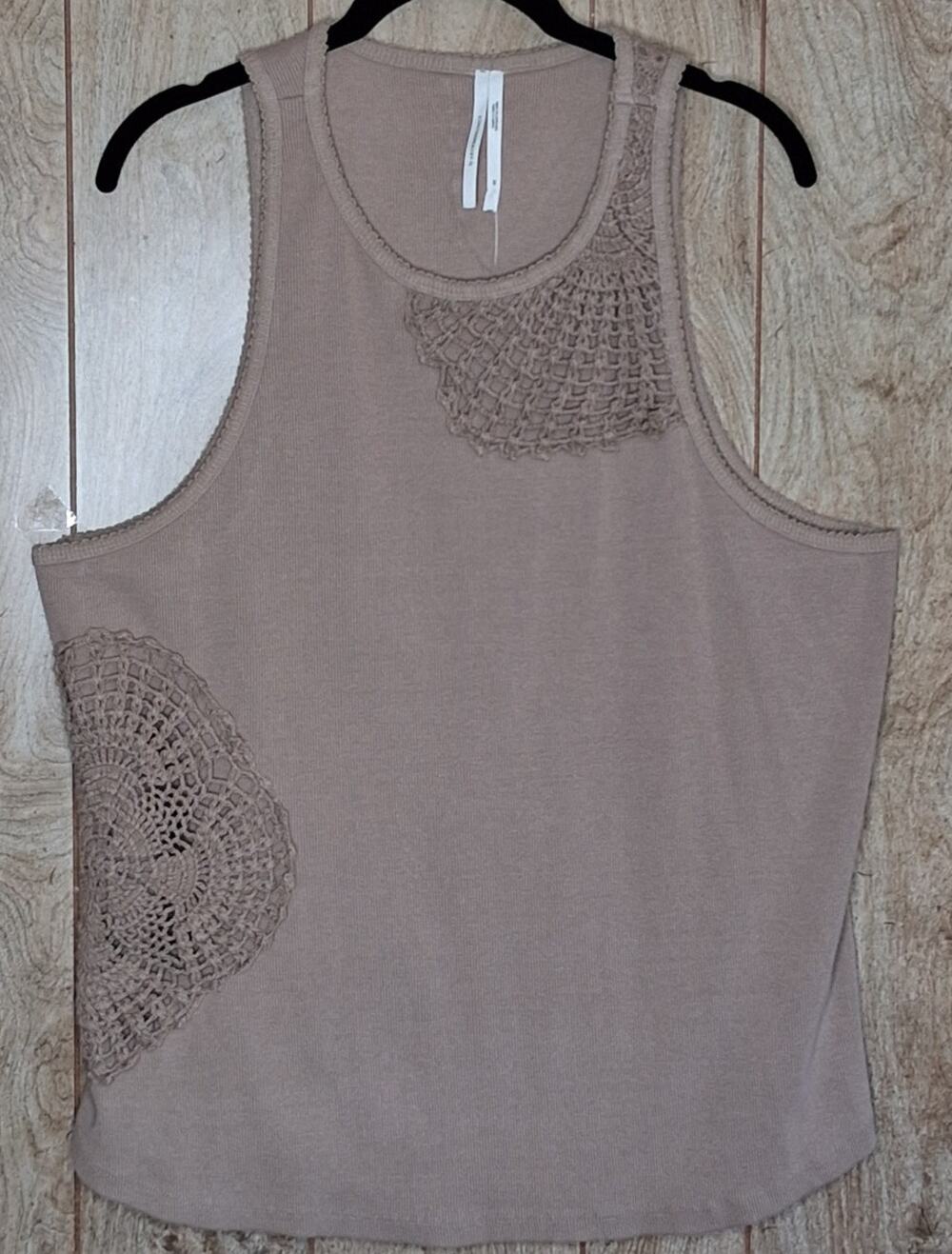 Ladies NWT By Anthropologie Crochet Appliqué Knit Tank Top Size 2X Taupe